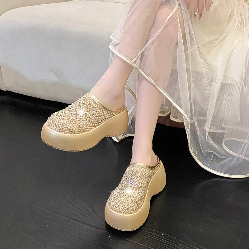Summer Women Glitter Rhinestone Mesh Hollow Out Round Toe Platform Mules Slide Slippers Non Slip Casual Slippers Shoes for Women