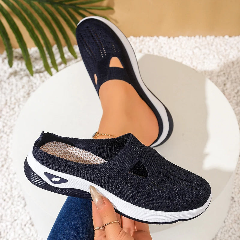 Women's Backless Walking Mules Non-Slip Breathable Knit Slippers for Elderly Ladies Indoor Outdoor Casual Shoes