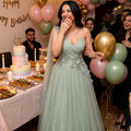 Lucy Light Green Party Evening Dress Mesh Grace Eid | SAMAG