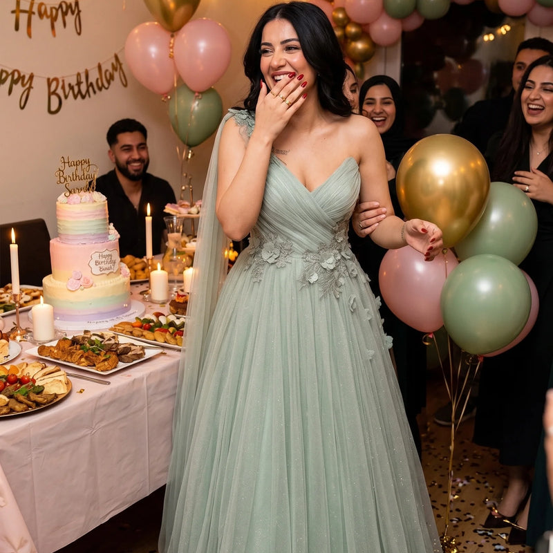 Lucy Light Green Party Evening Dress Mesh Grace Eid | SAMAG