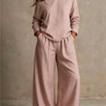 Women sexy one-Shoulder Strap Buckle casual two Piece Sets Autumn Solid Slant Neck Long Sleeve top  Wide Leg Pants Matching Sets