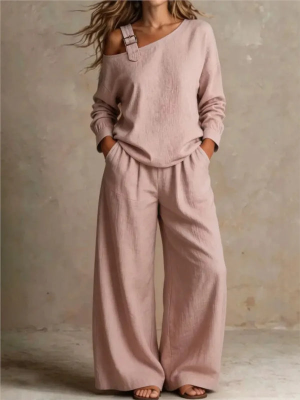 Women sexy one-Shoulder Strap Buckle casual two Piece Sets Autumn Solid Slant Neck Long Sleeve top  Wide Leg Pants Matching Sets