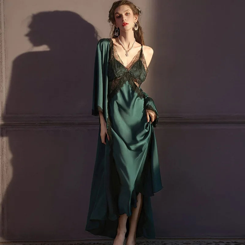 Sexy Lace Long Nighty&robe Set Spring Summer | SAMAG