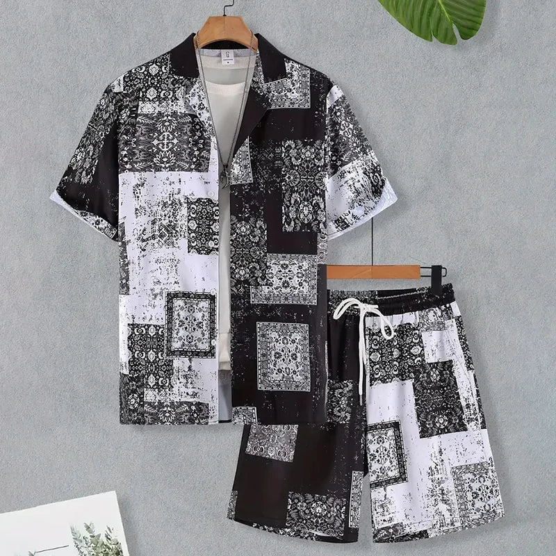 Men's Summer Holiday Suit Retro Textured Printed Border Shirt Short Sleeve Two Piece Breathable Pool - View 9 | SAMAG