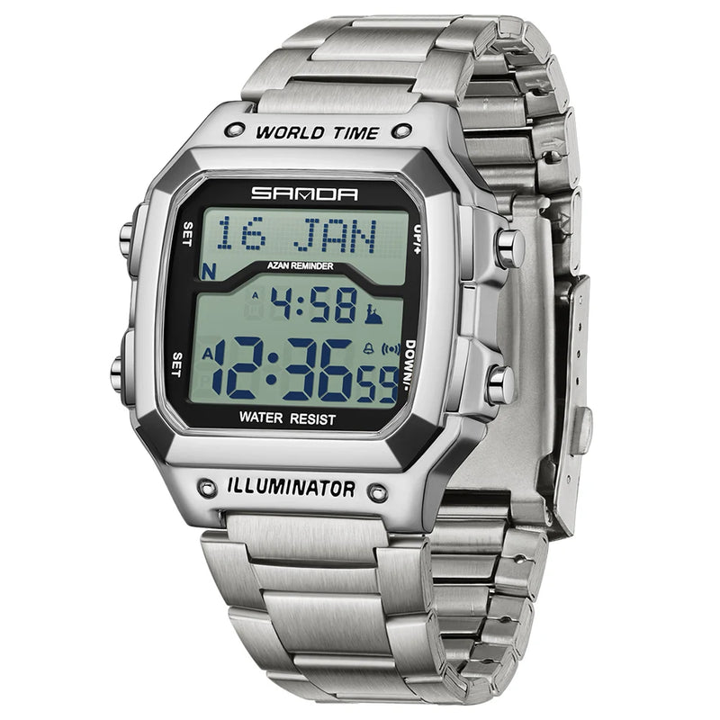 SANDA Fashion Digital Sport Watches Men Waterproof Stopwatch Alarm Date Week Watch Man Golden Strap LED Square Dial Wristwatch