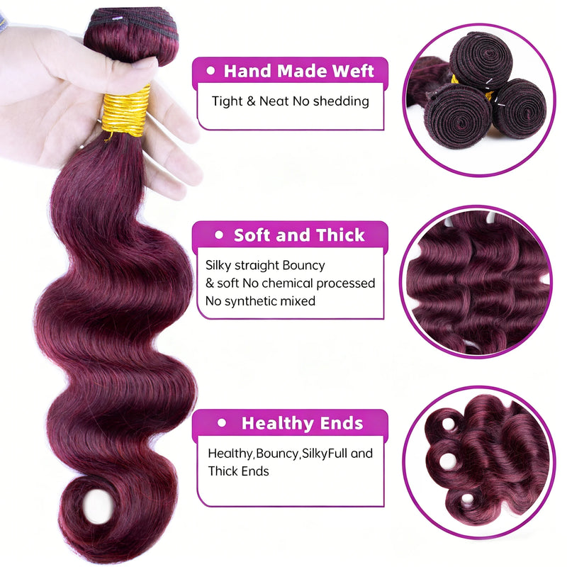Red Color Body Wave Human Hair Bundles #99j Burgundy Hair Bundles Brazilian Remy Hair Weaving 1/3 Bundle Deals For Extensions