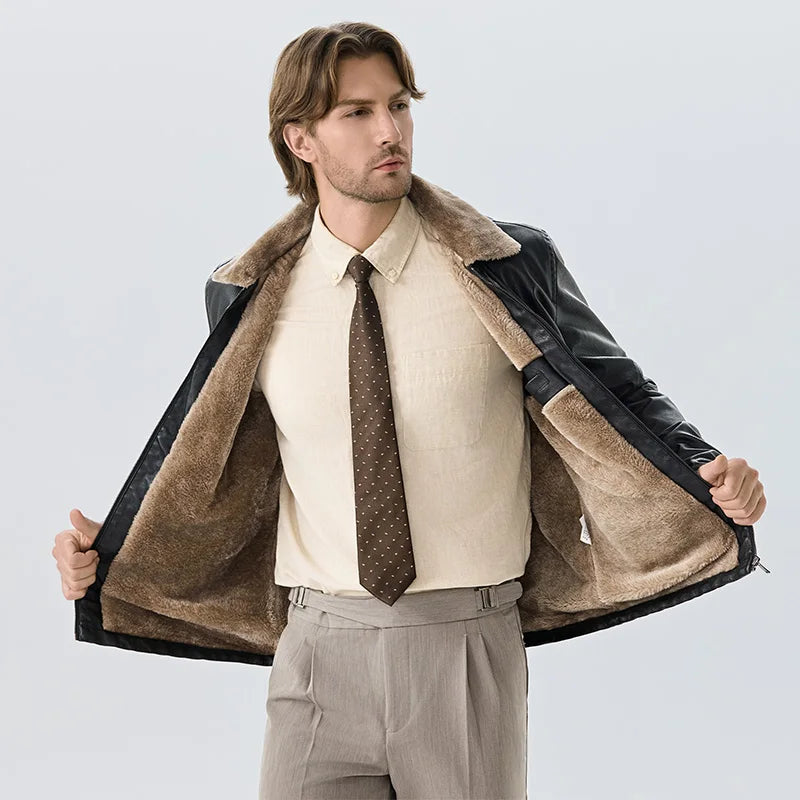Faux Leather Men Jacket Thickened Plush Lining Warm PU Leather Jacket Business Casual Leather Jacket Winter Faux Fur Collar Coat