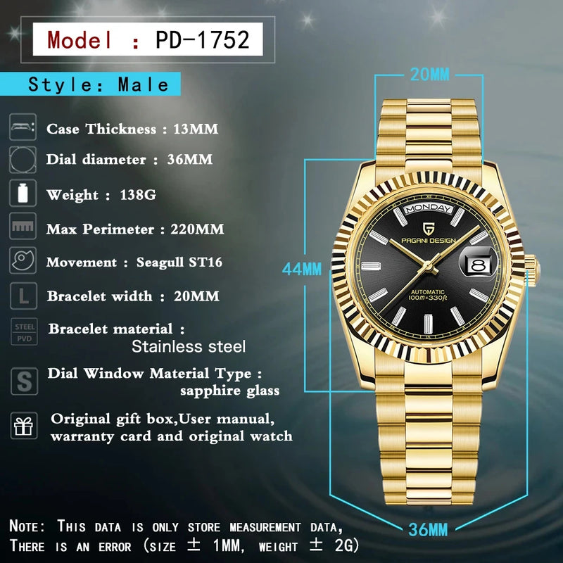 2026 New PAGANI DESIGN DD36 Mens Mechanical Watches Gold Luxury Automatic Watch For Men AR Sapphire Mirror Waterproof Gift Clock