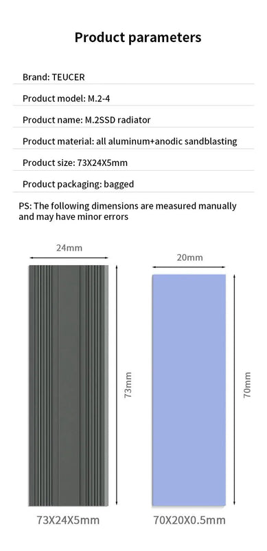 TEUCER M2 2280 Solid State Hard Disk Aluminum Radiator M.2 SSD Heatsink with Thermal Silicone Pad For PS5/PC/Laptop Cooling