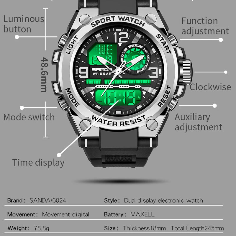 SANDA 6024 Men Sports Quartz Watches Dual Display LED Electronic Digital Wristwatches Waterproof Watch Relogios Masculino