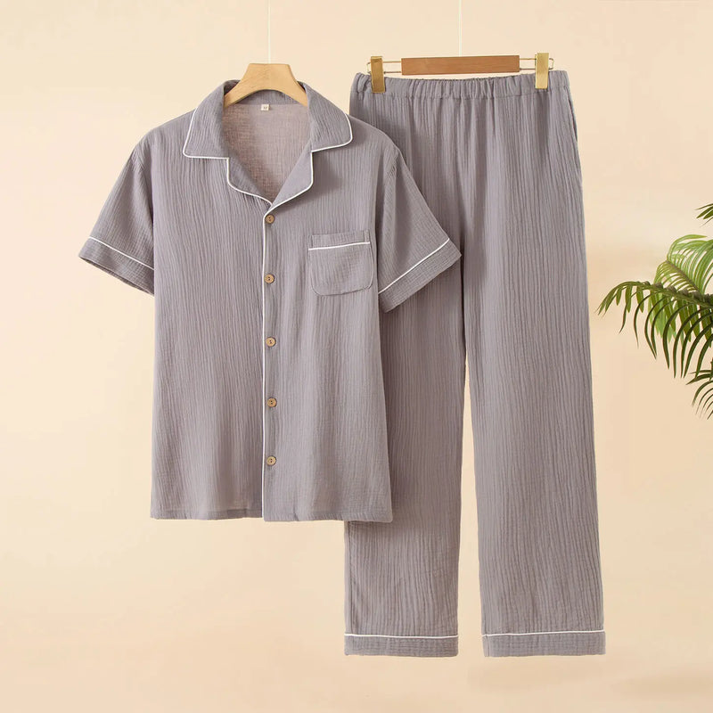 Sleepwear Pajama Male Pajamas Summer Men's Pure Cotton Set Short-sleeved  Long Pants Japanese-style Home Wear Large Size Casual