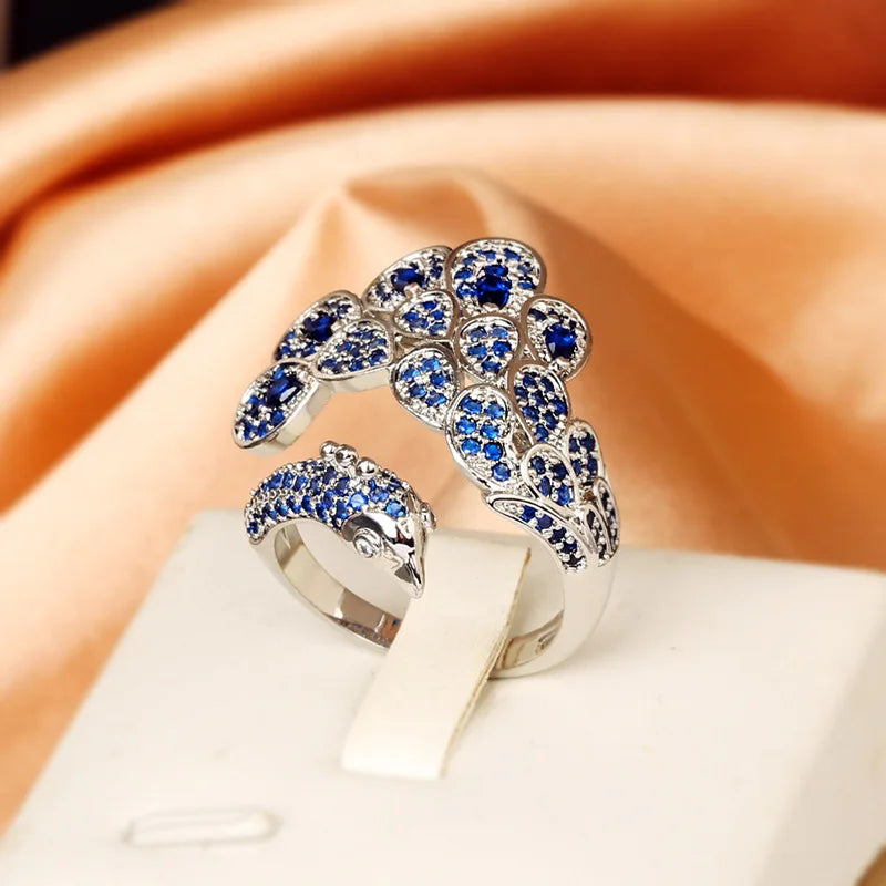 Creative Peacock 925 Silver Plated Ring for Women Bright Blue AAAA Zircon Open Adjustable Jewelry Silver Jewelry Wedding Ring