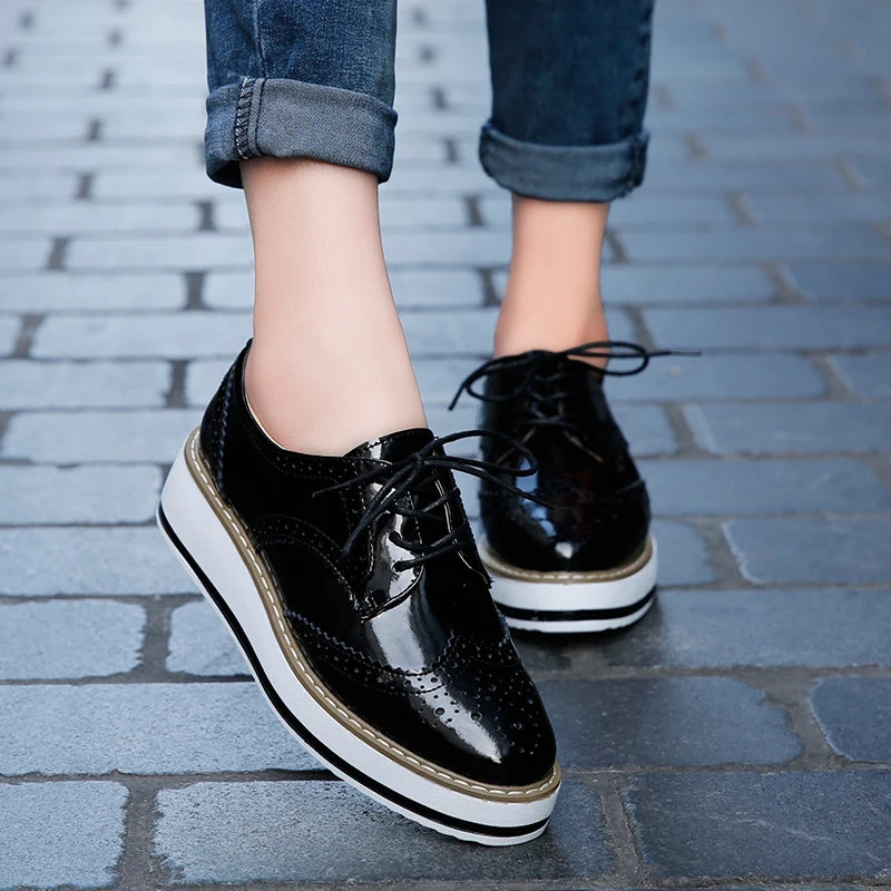 STRONGSHEN British Style Women Brogue Shoes Round Toe Oxfords Platform Casual Leather Footwear Increase 4.5cm Sapatos Chaussures