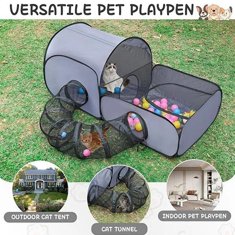 Portable Breathable Pet Pen with Surrounding Tunnel Indoor Outdoor Cat Enclosure Suitable for Small Animals and Cats