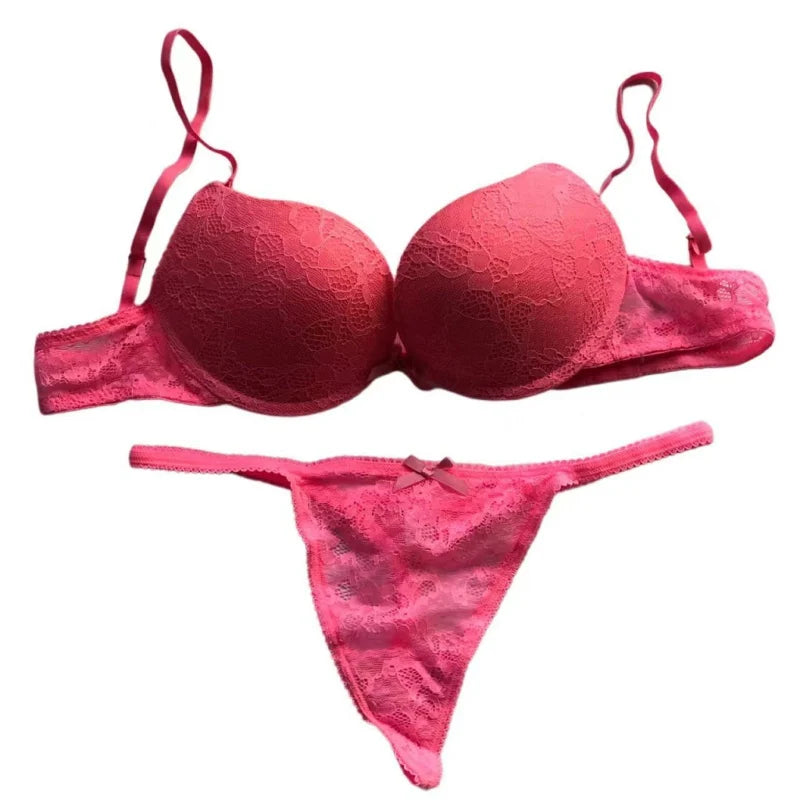 Cotton Deep V Lace Surface Push Up Sexy Bra Panty Sets Matching Bow G-string Comfortable Underwear Women Lingerie Set Intimates