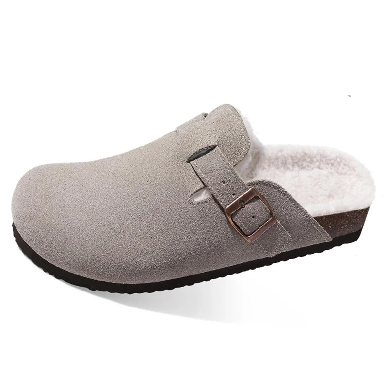 Kidmi Winter Casual Mules For Women and Men New Clogs Slippers With Adjustable Buckle Cow Suede Cork Insole Cozy Women's Sandals