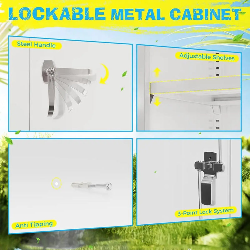 Metal Storage Cabinet, Garage Cabinet with Doand Shelves Lockable Steel Multiunctional Cabi, White ile Cabior Home, Oice, Garage