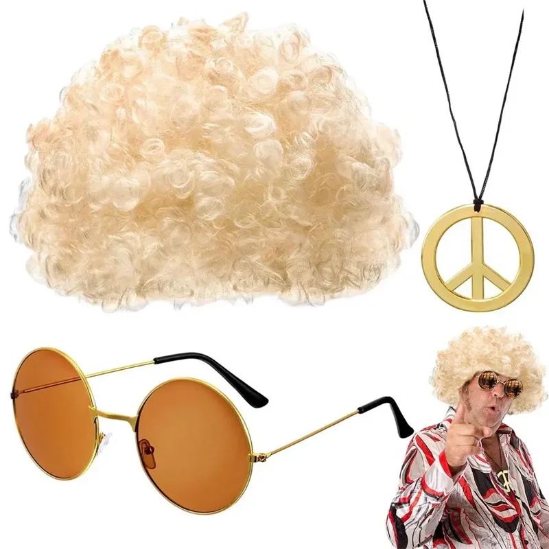 Men Synthetic Wig Hat Curly Hair Cap Sunglasses Necklace 3 PCS Set Funny 70s Disco Hippie Hair Props Party Hip Hop Dance Costume