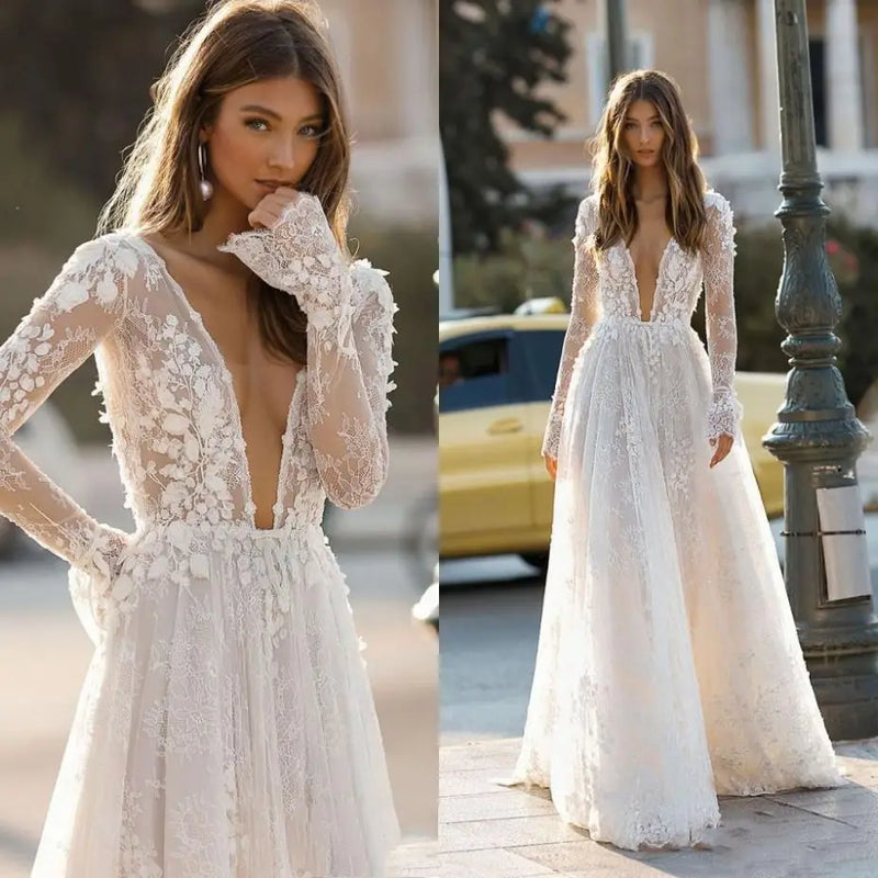 Sexy Deep V Neck Elegant Wedding Dresses Boho Backless 3D - View 7 | SAMAG