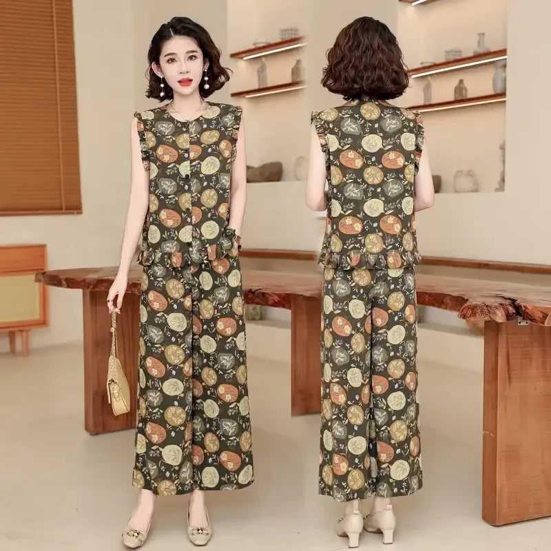 Women 2 Piece Outfit Sleeveless Printed Top And Wide Leg Pants Summer Casual Mom Wear For Middle Aged