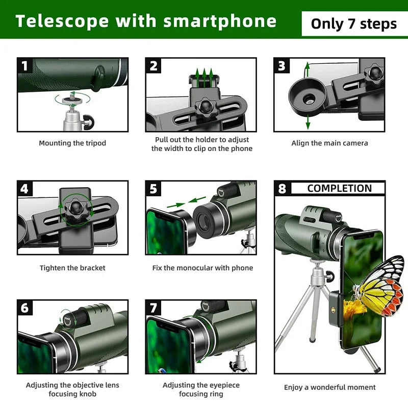 80x100 HD ZOOM Monocular Telescope Portable Powerful Binoculars Long Range Telescope For Hunting Camping With Tripod Phone Clip