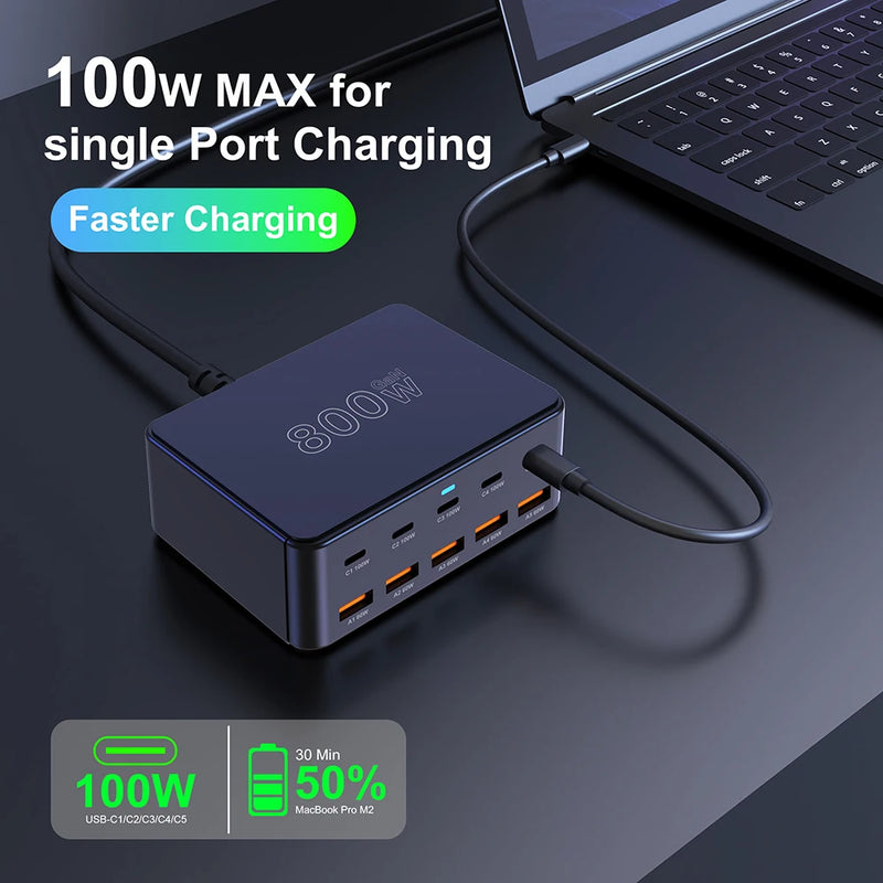 800W USB C GaN Charger 100W PD3.0 PPS QC3.0 10-Port Fast Charging Station for iPhone 16/15 Samsung MacBook Pro Laptops Tablets