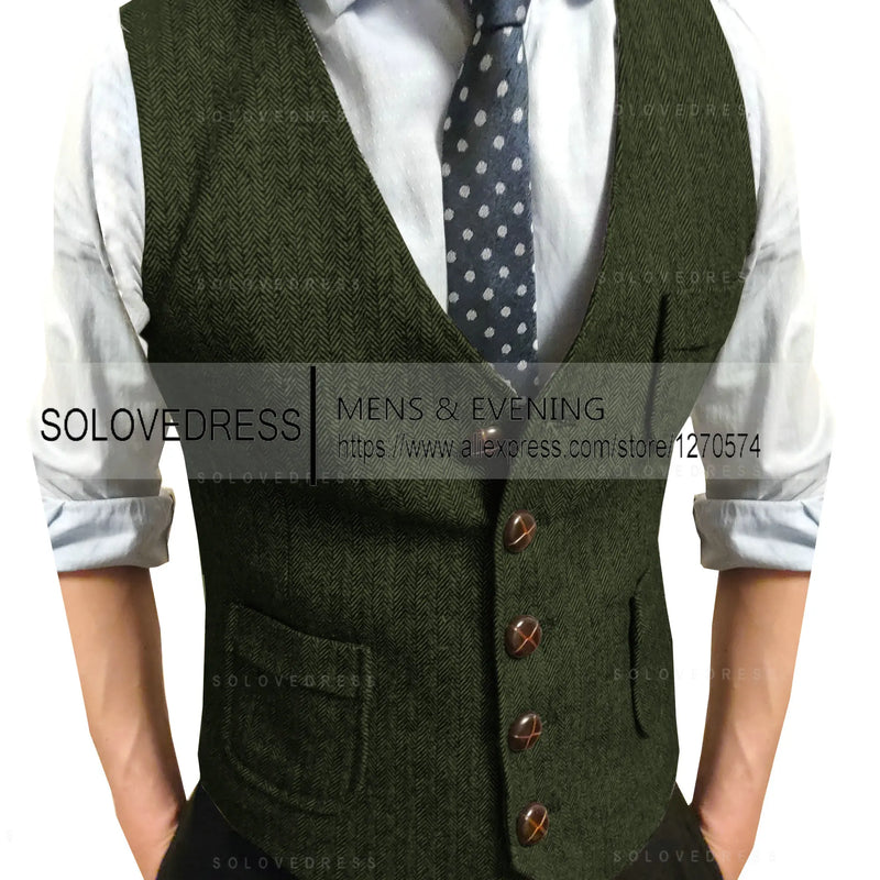 Men's Suit Vest V Neck Notched Lapel Slim Fit Leisure Wool Herringbone Tweed Vest Men for Wedding Groomsmen Mens Waistcoat Vest