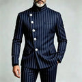 Men's Pinstripe Business Suits Single Breasted Stand Collar Slim Fit Suit Jacket Pants 2 Pieces Formal Tuxedo for Wedding Party