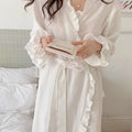 Women's Spring and Summer New Simple Long-Sleeved Robe Girls Sweet Ins Wind Ruffled Thin Section of Solid Color Pajamas Home Wea