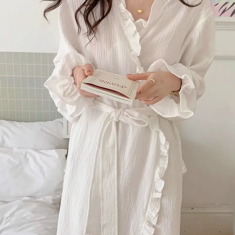 Women's Spring and Summer New Simple Long-Sleeved Robe Girls Sweet Ins Wind Ruffled Thin Section of Solid Color Pajamas Home Wea