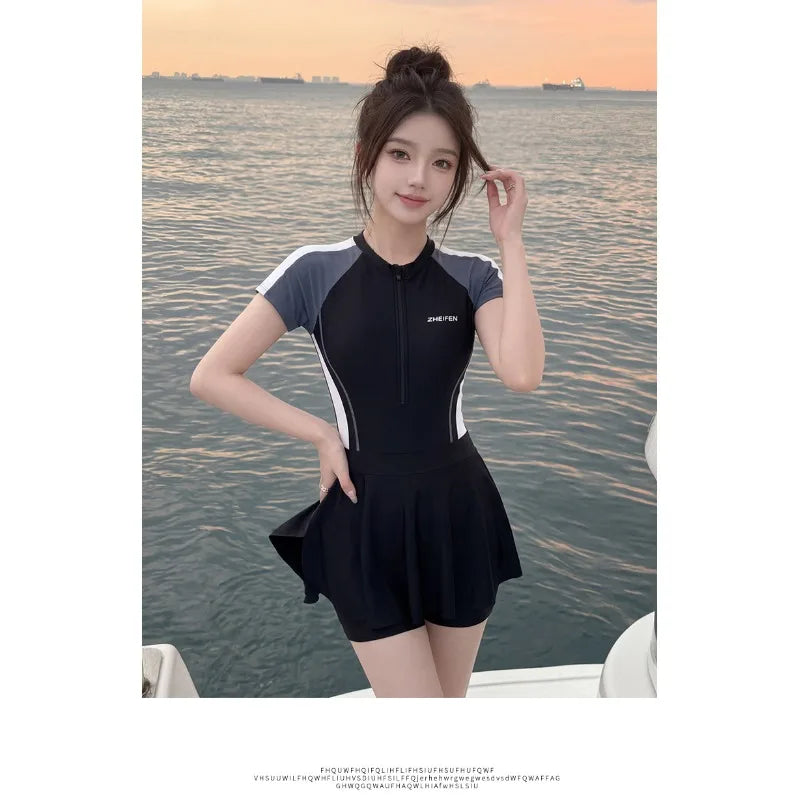 Sporty Color Block Zip Front Short Sleeve Skirted One | SAMAG