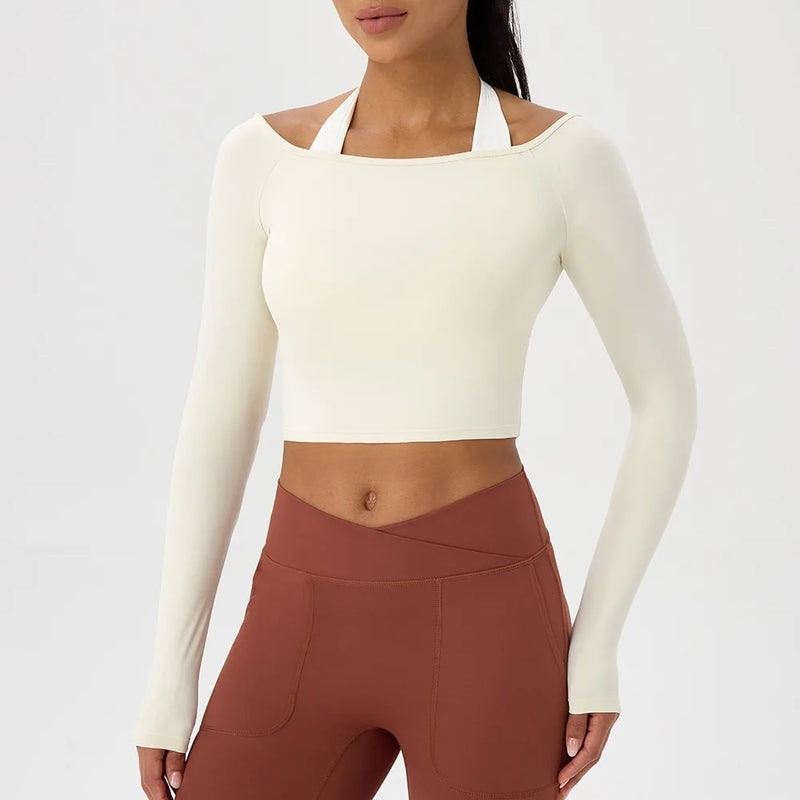 Long Sleeve Yoga T-Shirt for Women, Off Shoulder, Sexy Tight Gym Workout Top, Naked Feeling, Quick Dry Sports Activewear