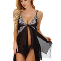 Floral Lace Split Sexy Babydoll Semi-sheer Deep V Bow Ruffle Dress and Panties Underwear Sets Women's Erotic Lingerie Nightgown
