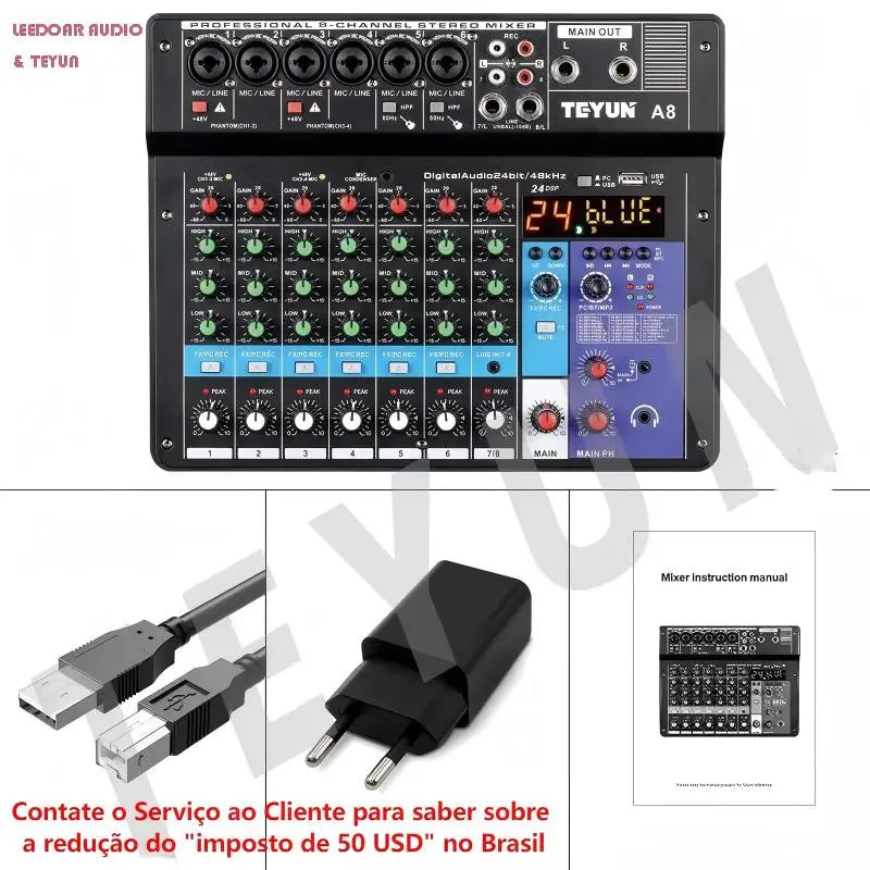 TEYUN A8 A6 A4 6/8 Channel Audio Mixer Professional Portable Mixer Sound Table Board Digital MP3 Computer Input 48v Power Number