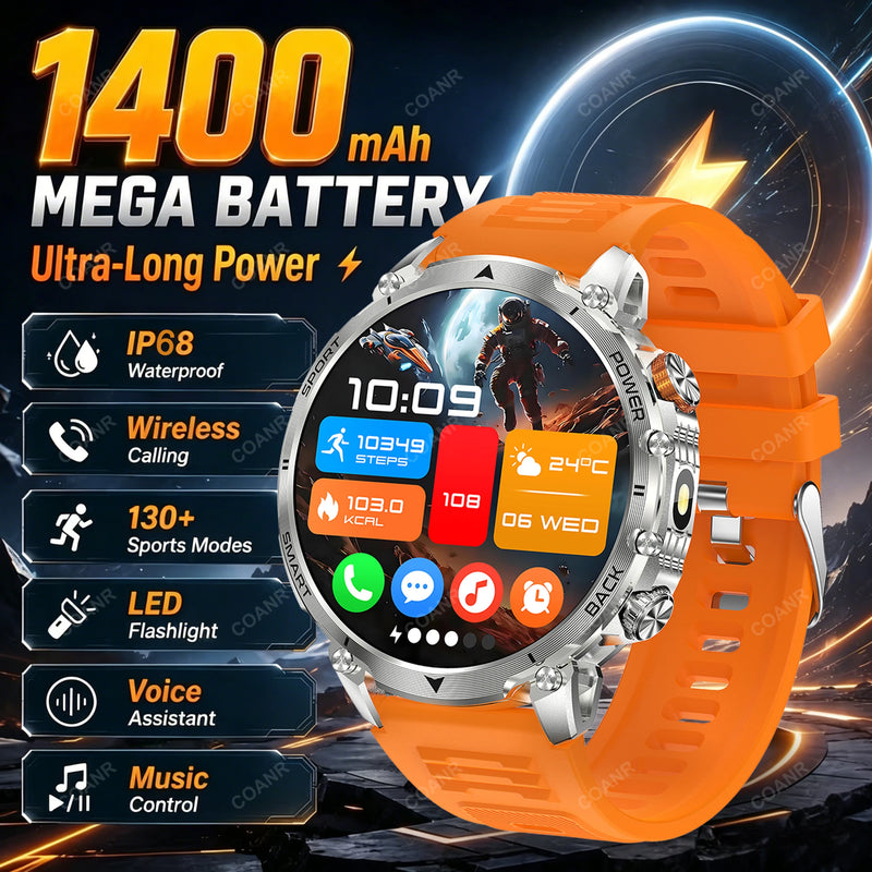 Newly Durable 1400mAh Large Battery Men Smart Watch 1.7" HD Screen IP68 Waterproof LED Flashlight Sport BT Call Smart Bracelet