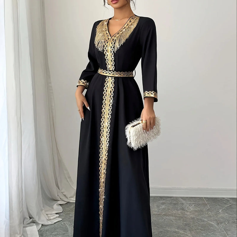 Moroccan Kaftan Abaya Women Dubai V Neck Gold Fringe | SAMAG