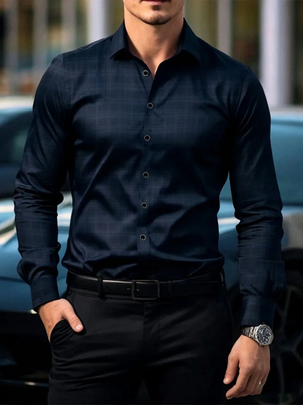 Men's dark plaid long sleeved shirt slim fit European | SAMAG