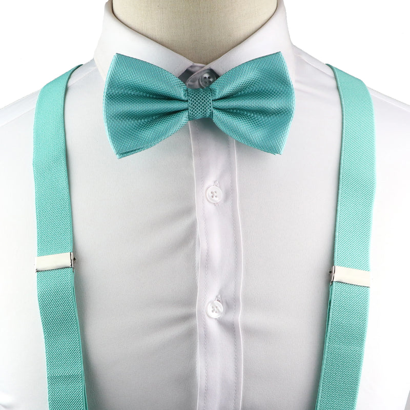 Fashion Men Kids Turquoise Green Suspender Bowtie Sets Elastic Solid Color Y - back Straps Butterfly - Visuel 2 | SAMAG