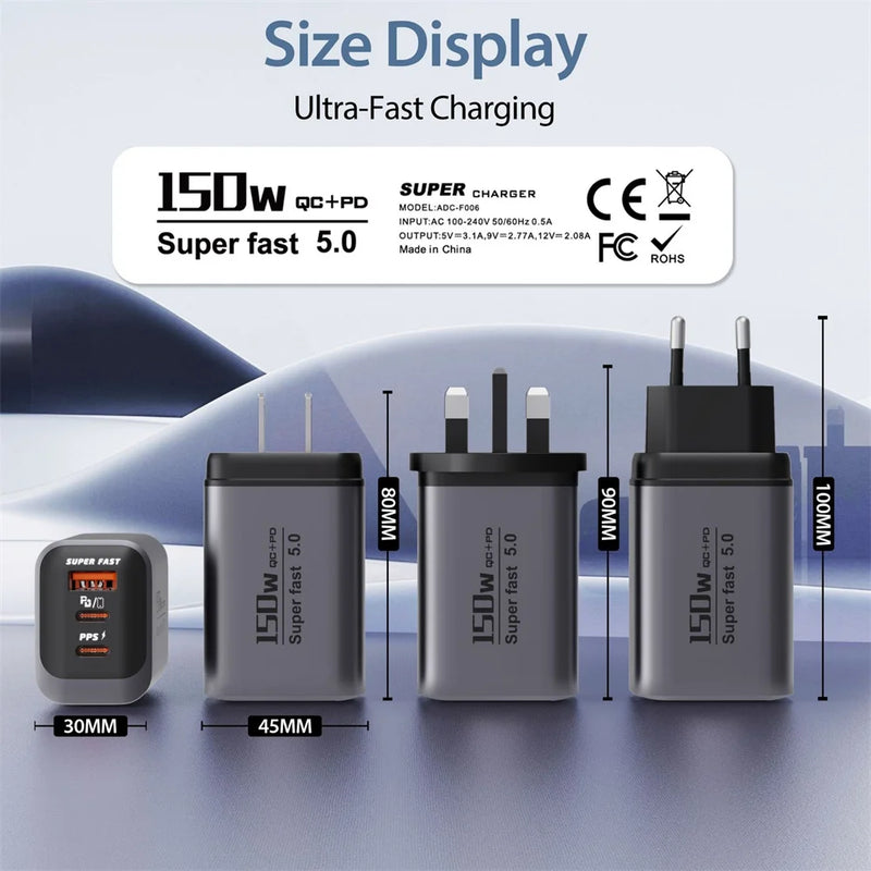 150W Type C Charger Fast Charging Phone Charger Adapter For iPhone Samsung Xiaomi Huawei EU/US/UK Plug Quick Charge Wall Charger