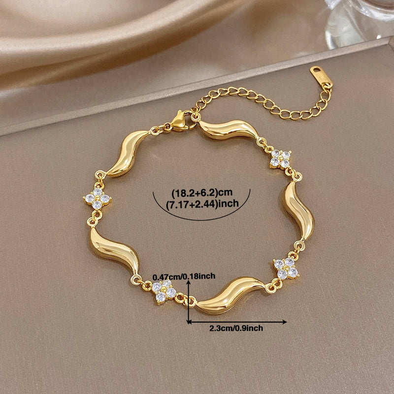 Fashion Gold Plated Stainless Steel Bracelet for Women Chic Wave Zircon Flower Wristband Bracelets Party Jewelry Gifts