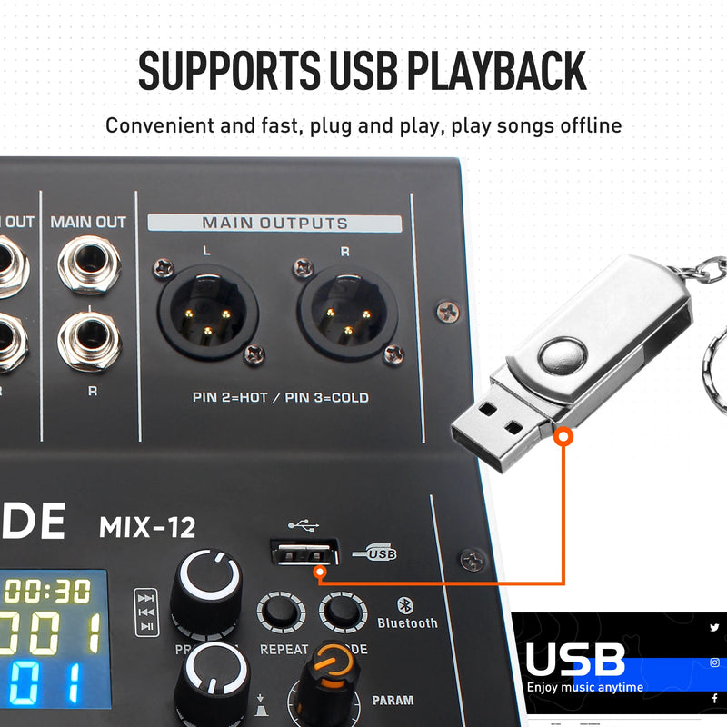 12-Channel Professional Audio Mixing Sound Board Console  Features 99-Bit DSP USB MP3 for PC Recording XLR Mic Jack