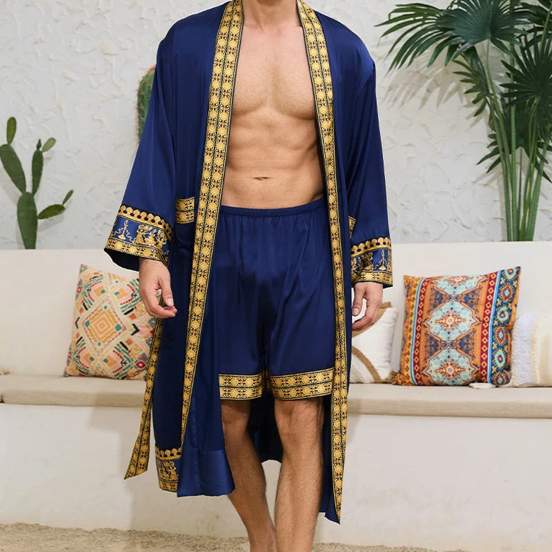 Spring Summer Men Pajamas 2PCS Robe Shorts Set Baroque Style Satin Kimono Bathrobe Nightgown Home Clothing Loungewear MY1170