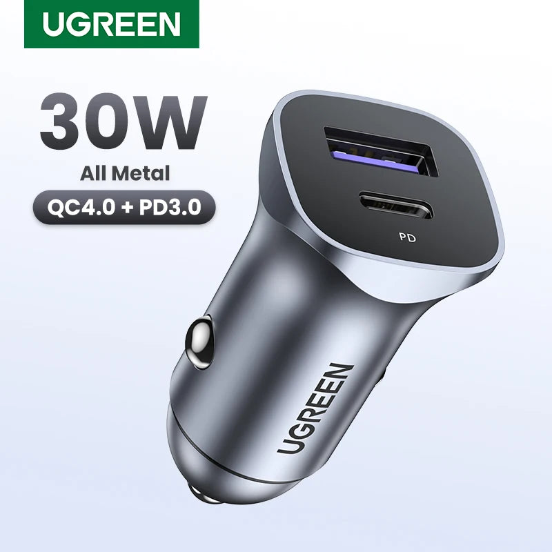UGREEN 30W Car Charger USB Type C Fast Charger QC 4.0 3.0 PD 20W Quick Charging for iPhone 15 14 13 Xiaomi Mobile Phone Charger
