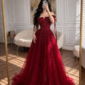 Customized Crystal Tulle A-line 2026 Evening Dresses for Women Red Shiny Sequined Party Dresses Strapless Princess Prom Dress