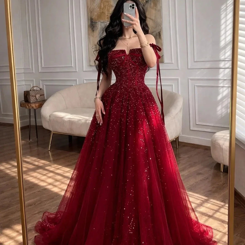 Customized Crystal Tulle A-line 2026 Evening Dresses for Women Red Shiny Sequined Party Dresses Strapless Princess Prom Dress