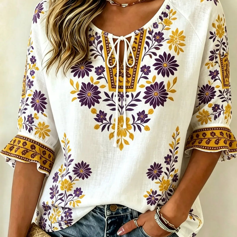 Women's Black Purple Floral Print Tie Neck Blouse, Casual - View 3 | SAMAG