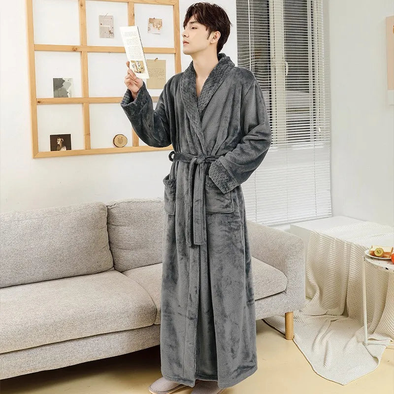 Couple Flannel Robe Winter Thick Warm Bathrobe Long Fleece Sleepwear Loungewear for Men and Women