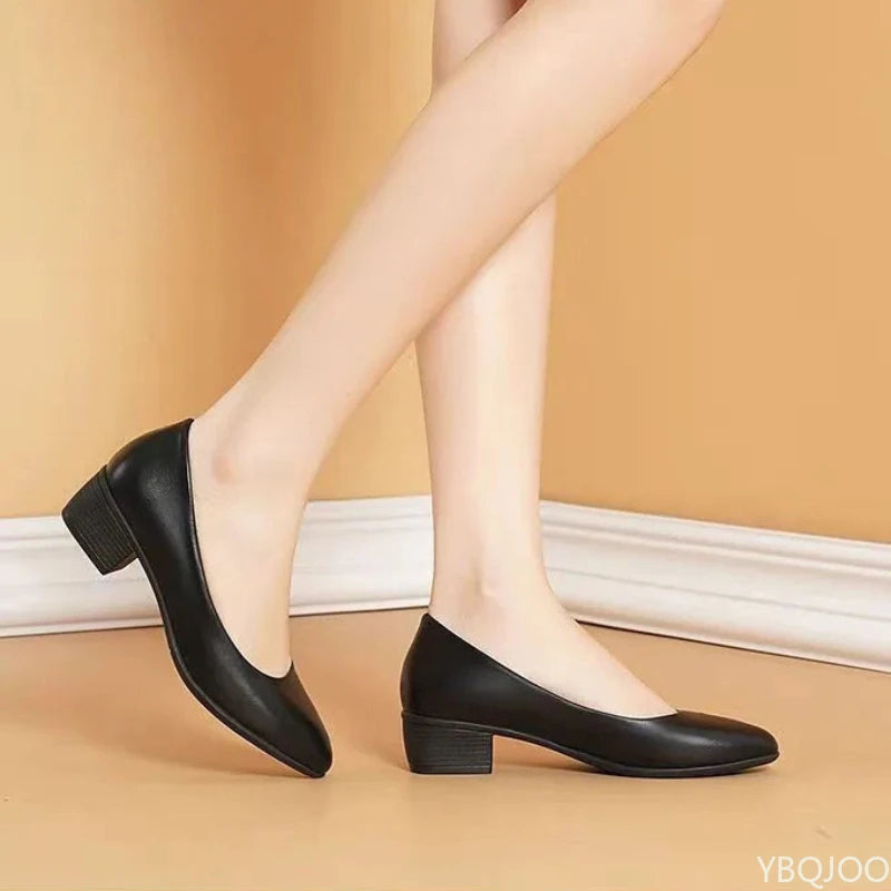 Low heel flight attendant work Shoes Black leather shoes Ladies Comfort soft soled high heels Fashion casual Women's pumps Mujer