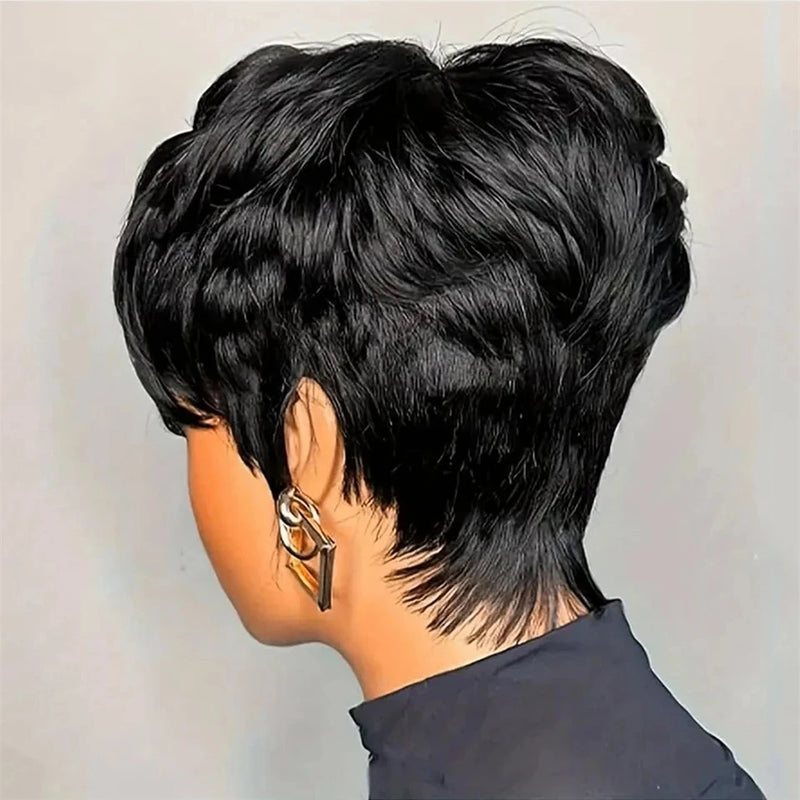 Short Pixie Cut Wig Black Real 100% Human Hair Wigs for Black Women Textured Layered Side Bang Natural Hairline Daily Work Styl