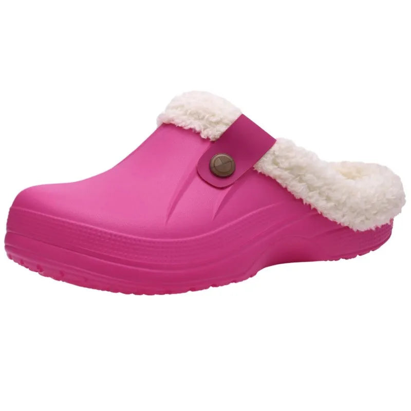 Smile Winter Fur Lined Clogs Women Fuzzy Slippers Men Warm House Slippers Adult Outdoor Waterproof Slippers Comfort Garden Clogs